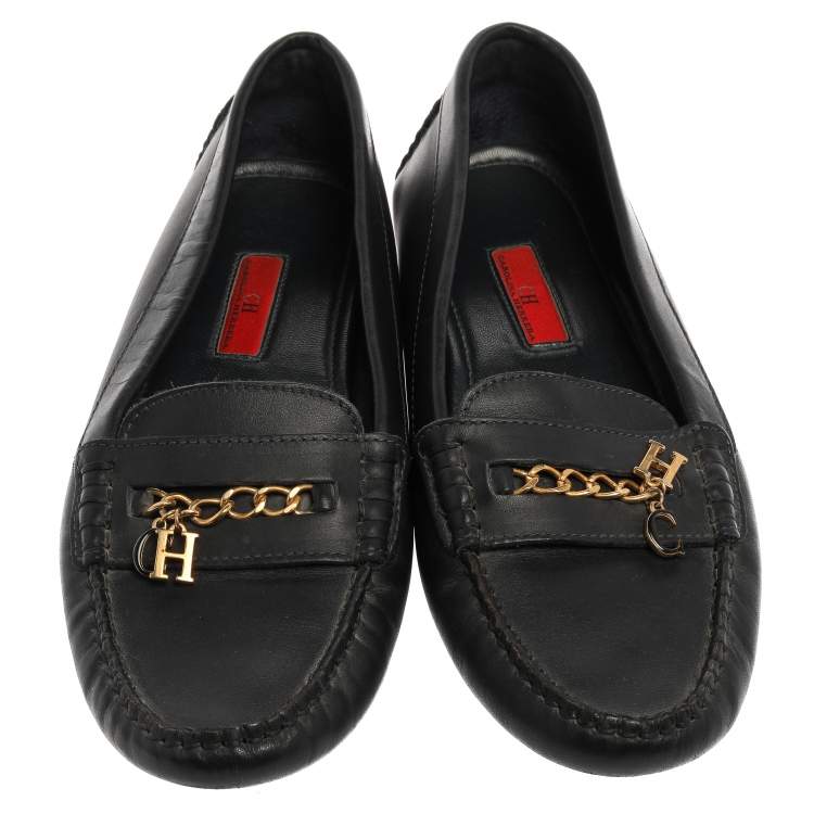 Pre Owned Carolina Herrera Navy Blue Leather Logo Chain Loafers Size 41