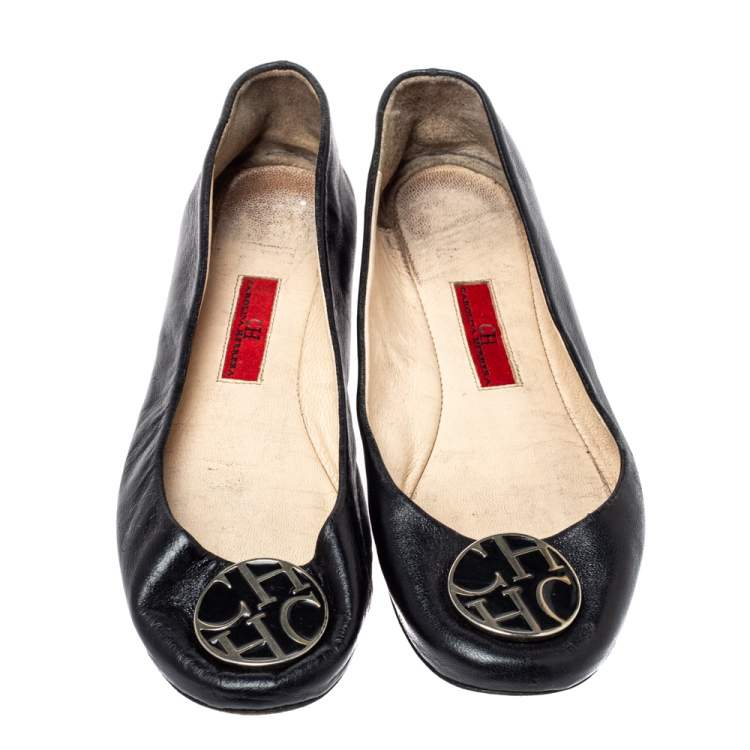 Pre Owned CH Carolina Herrera Black Leather Ballet Flats Size 36