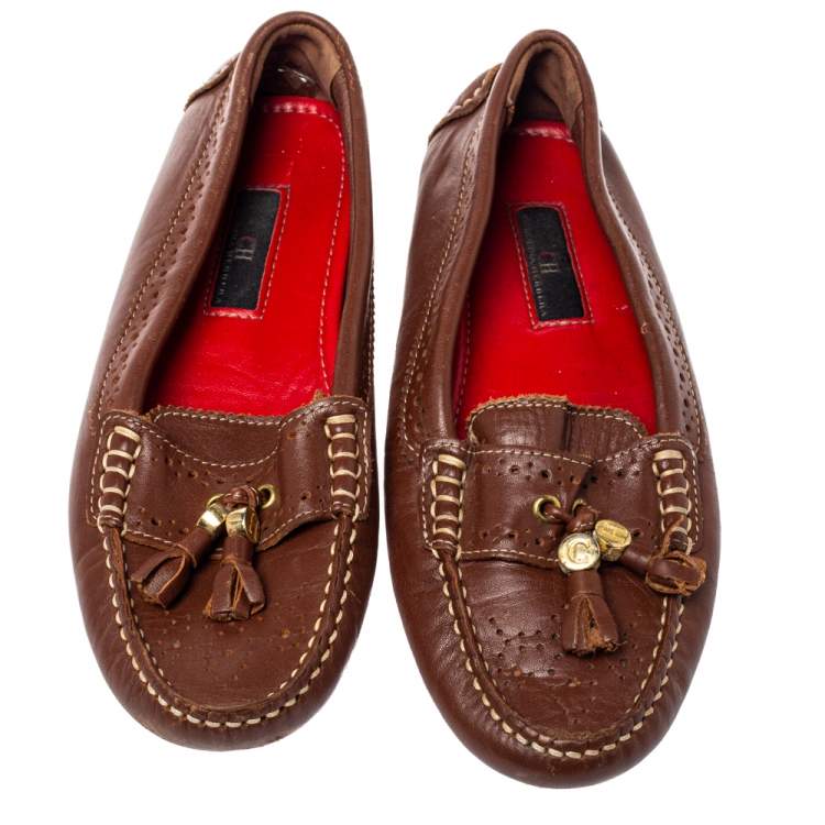 Pre Owned CH Carolina Herrera Brown Perforated Leather Fringe Loafer Size 36