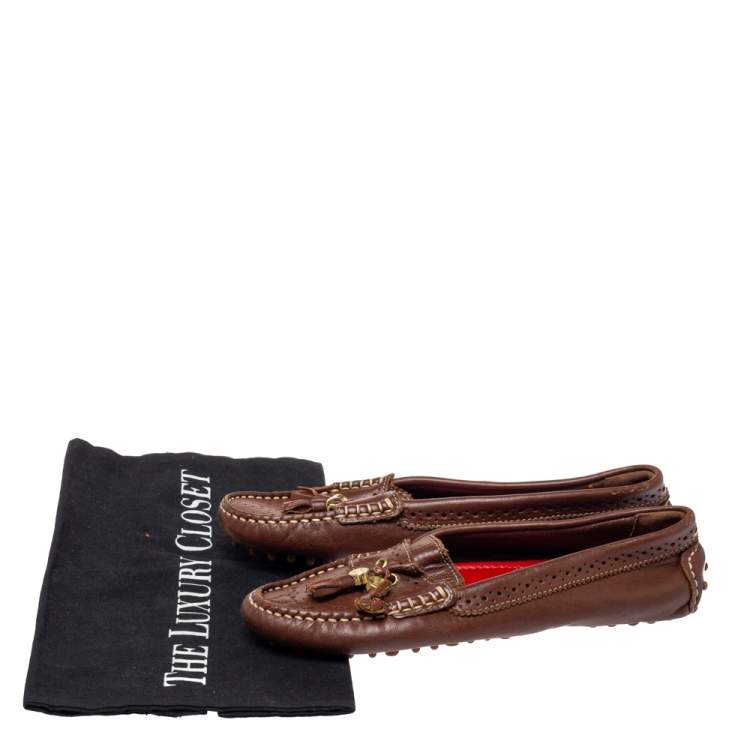 Pre Owned CH Carolina Herrera Brown Perforated Leather Fringe Loafer Size 36