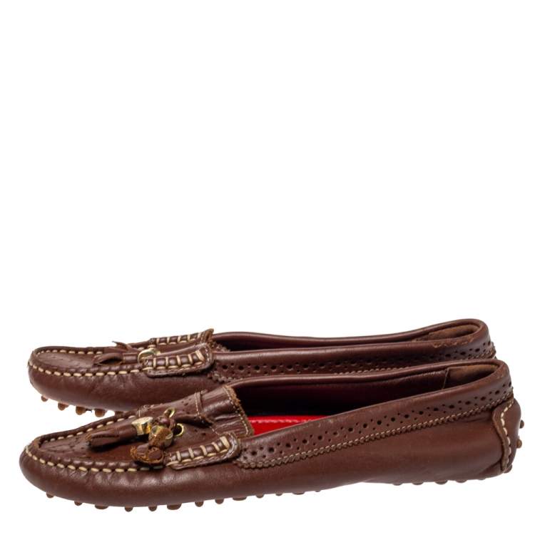 Pre Owned CH Carolina Herrera Brown Perforated Leather Fringe Loafer Size 36