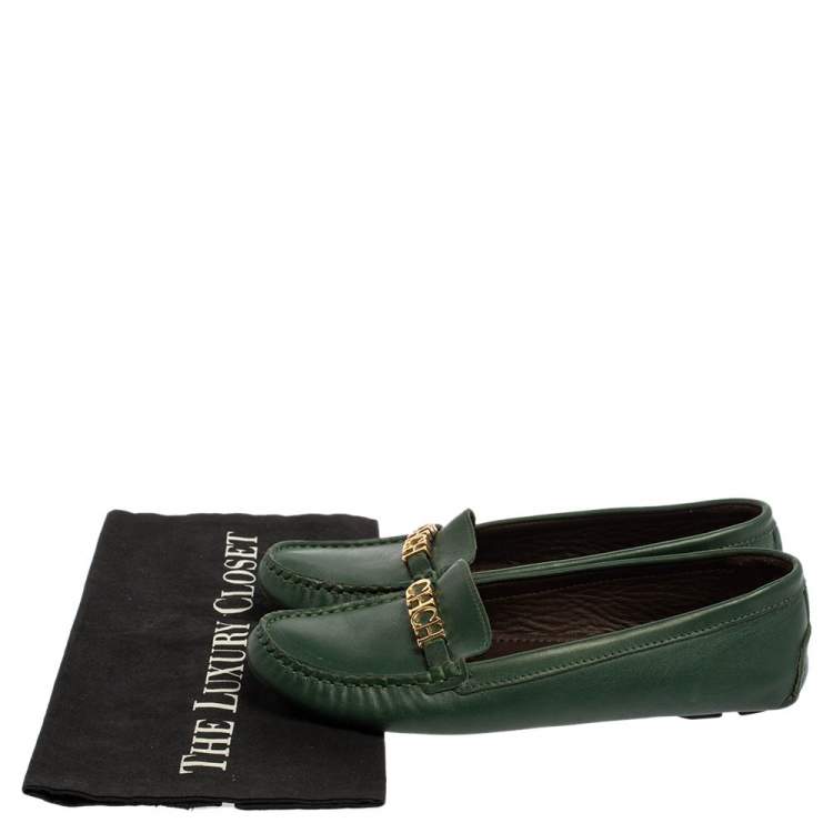 Pre Owned Carolina Herrera Green Leather Logo Detail Slip On Loafers Size 39