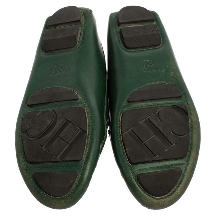 Pre Owned Carolina Herrera Green Leather Logo Detail Slip On Loafers Size 39