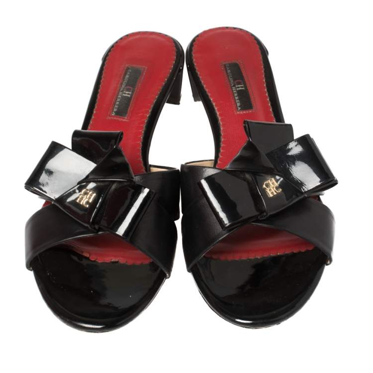 Pre Owned Carolina Herrera Black Leather and Patent Leather Bow Slide Sandals Size 39