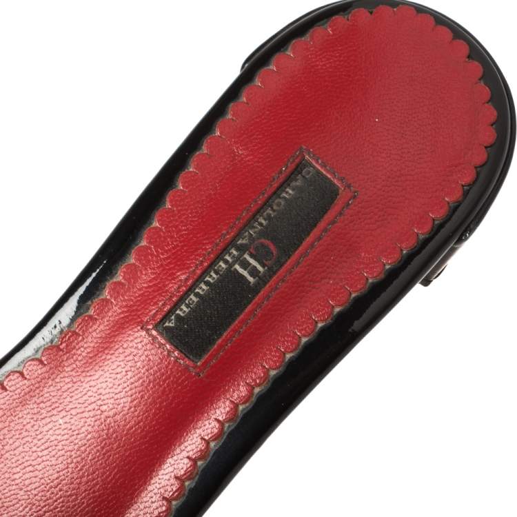 Pre Owned Carolina Herrera Black Leather and Patent Leather Bow Slide Sandals Size 39