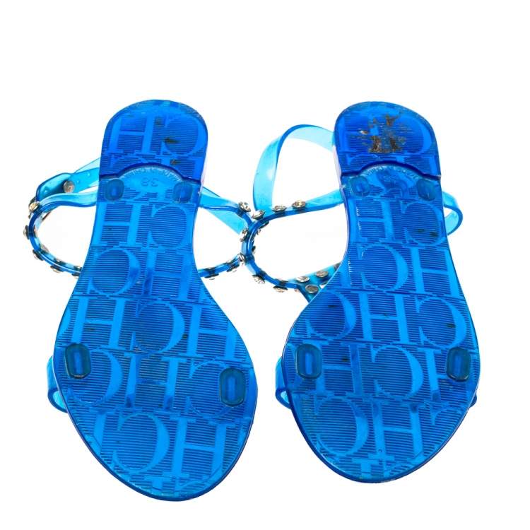 Pre Owned Carolina Herrera Blue PVC Studded Jelly Sandals Size 38