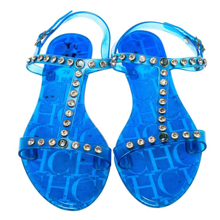 Pre Owned Carolina Herrera Blue PVC Studded Jelly Sandals Size 38