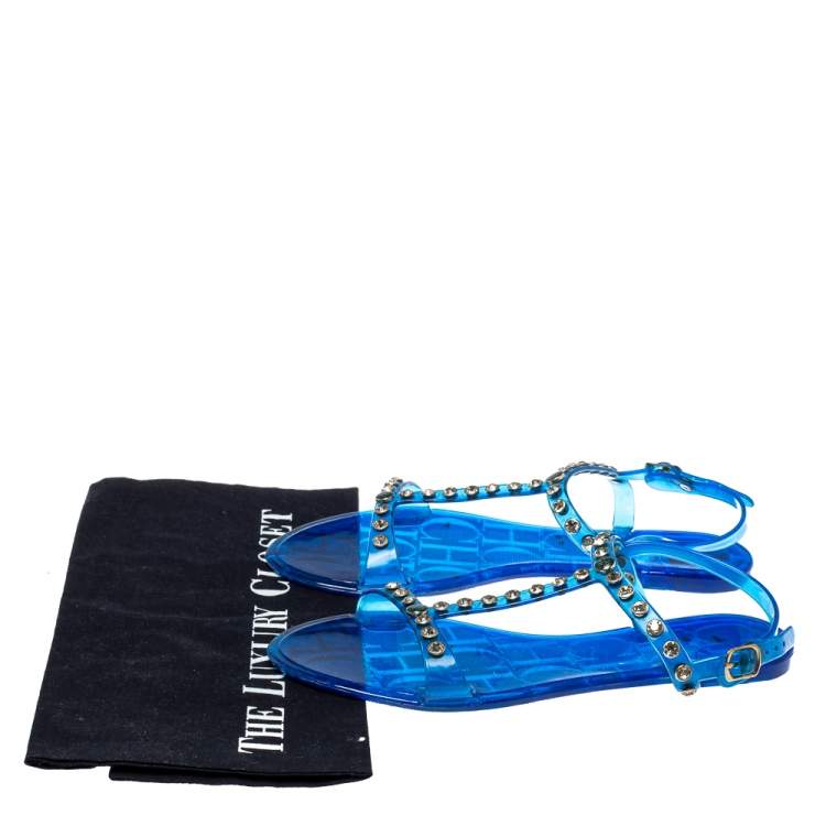 Pre Owned Carolina Herrera Blue PVC Studded Jelly Sandals Size 38