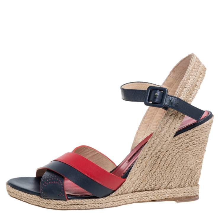 Pre Owned Carolina Herrera Red Black Leather Criss Cross Wedge Espadrille Ankle Strap Sandals Size 41