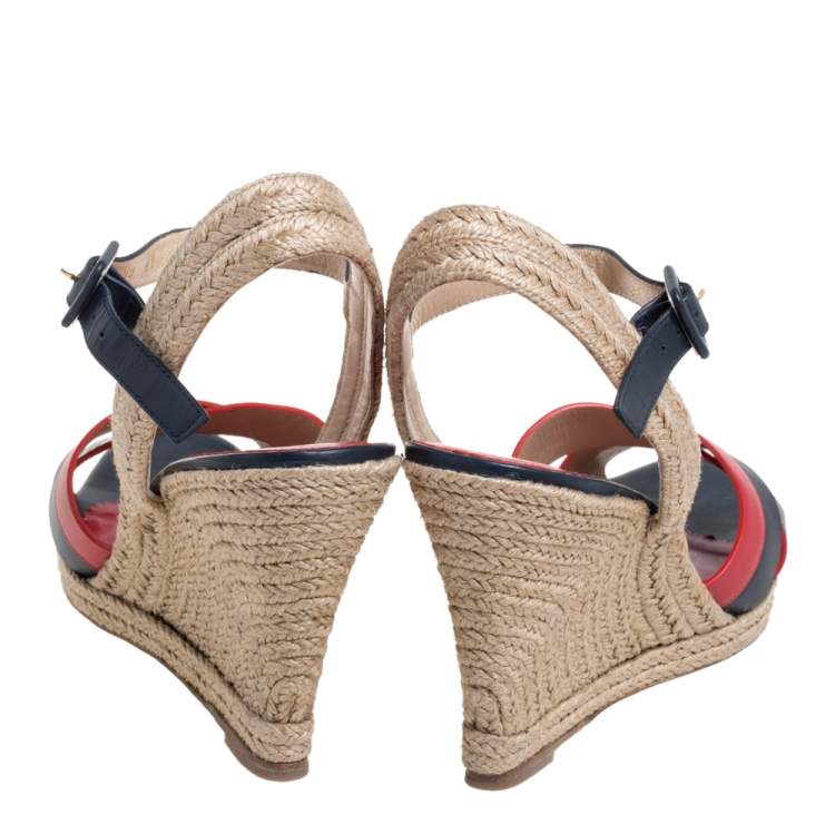 Pre Owned Carolina Herrera Red Black Leather Criss Cross Wedge Espadrille Ankle Strap Sandals Size 41