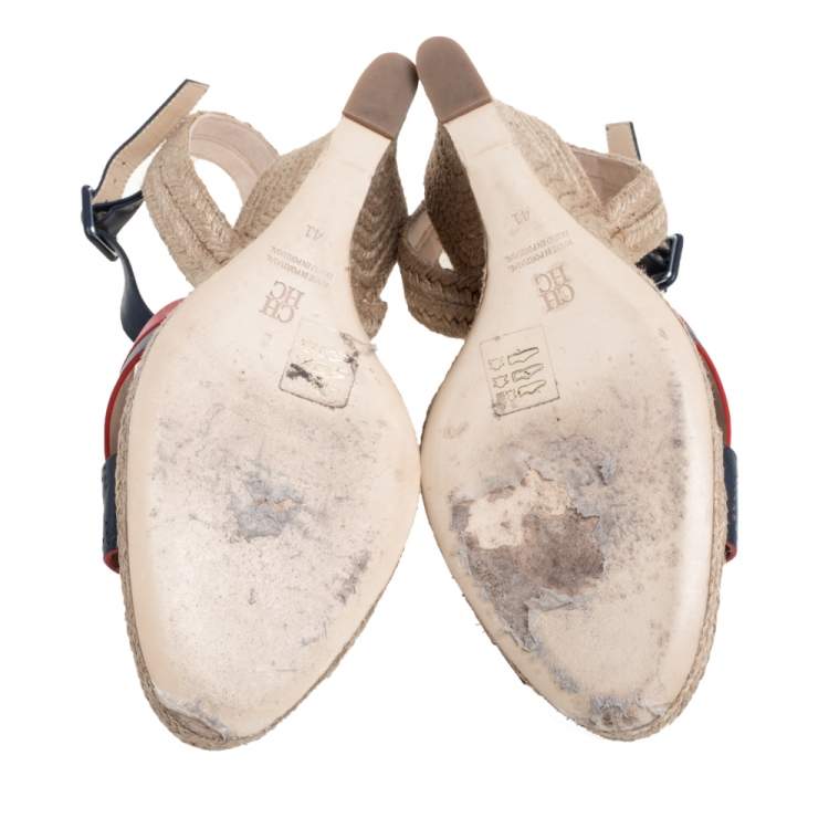 Pre Owned Carolina Herrera Red Black Leather Criss Cross Wedge Espadrille Ankle Strap Sandals Size 41