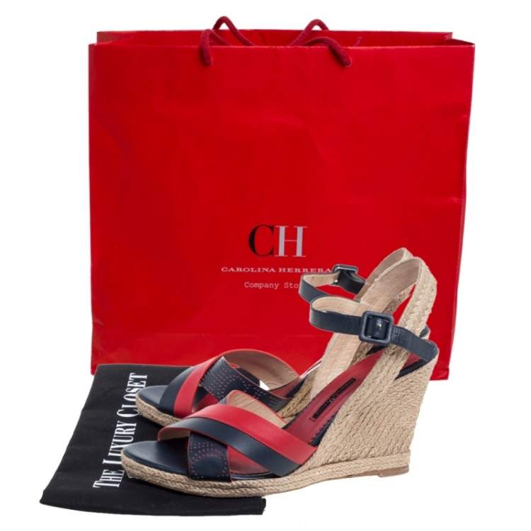 Pre Owned Carolina Herrera Red Black Leather Criss Cross Wedge Espadrille Ankle Strap Sandals Size 41