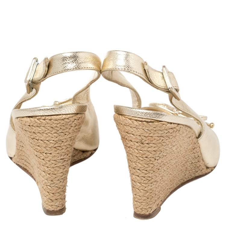 Pre Owned Carolina Herrera Gold Leather Peep Toe Bow Espadrille Wedge Sandals Size 37