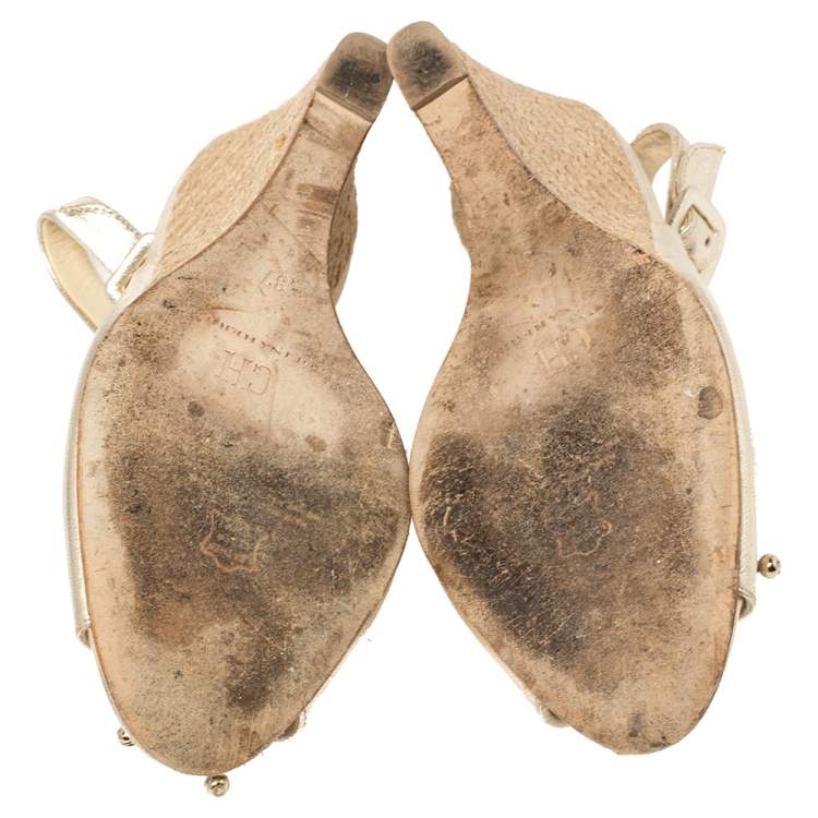 Pre Owned Carolina Herrera Gold Leather Peep Toe Bow Espadrille Wedge Sandals Size 37