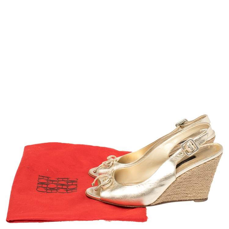 Pre Owned Carolina Herrera Gold Leather Peep Toe Bow Espadrille Wedge Sandals Size 37