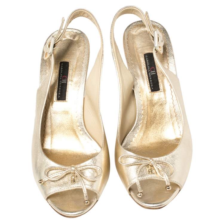 Pre Owned Carolina Herrera Gold Leather Peep Toe Bow Espadrille Wedge Sandals Size 37