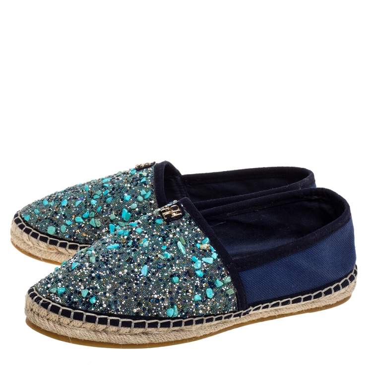Pre Owned  Carolina Herrera Blue Canvas Embellished Espadrilles Size 38