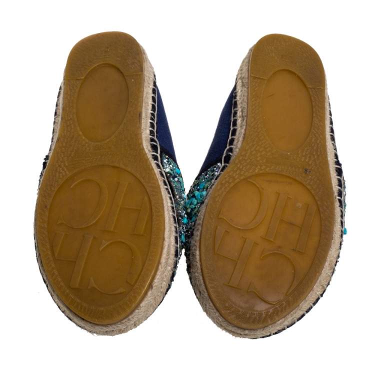 Pre Owned  Carolina Herrera Blue Canvas Embellished Espadrilles Size 38
