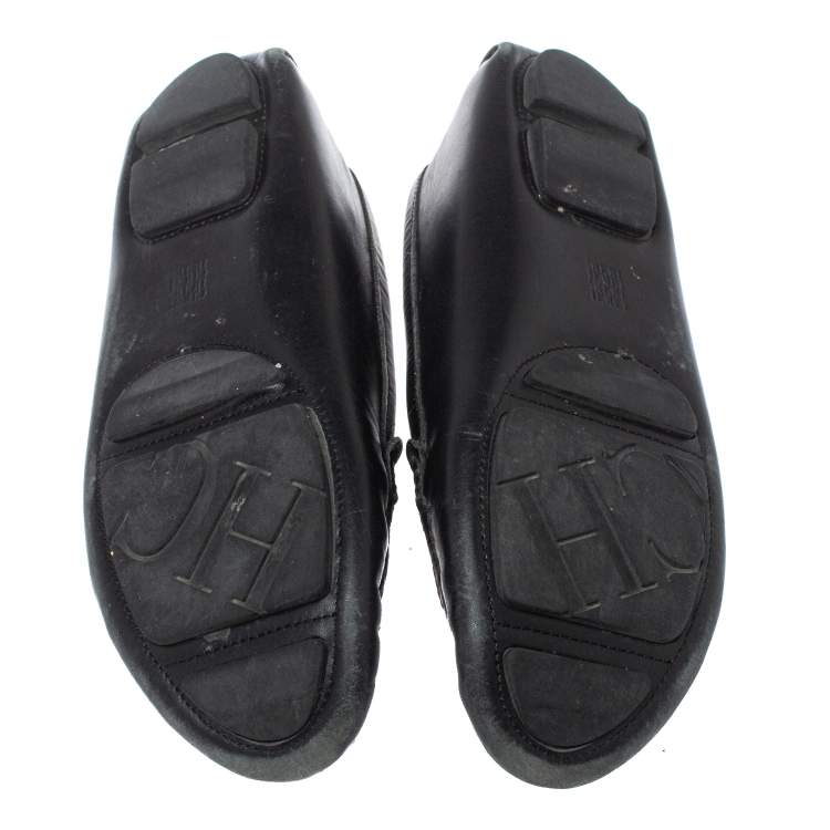 Pre Owned Carolina Herrera Black Leather Logo Detail Slip On Loafers Size 37