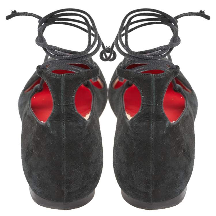 Pre Owned CH Carolina Herrera Black Suede Lace Up Ballet Flats Size 37