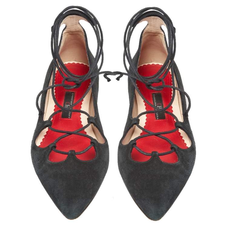 Pre Owned CH Carolina Herrera Black Suede Lace Up Ballet Flats Size 37