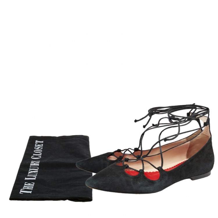 Pre Owned CH Carolina Herrera Black Suede Lace Up Ballet Flats Size 37