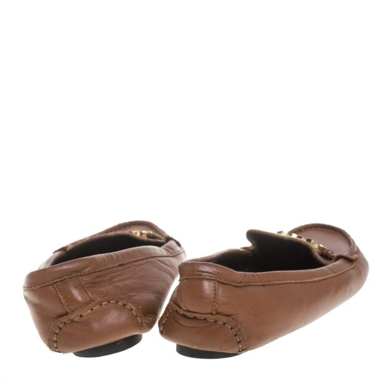 Pre Owned CH Carolina Herrera Brown Leather Logo Detail Flats Size 37