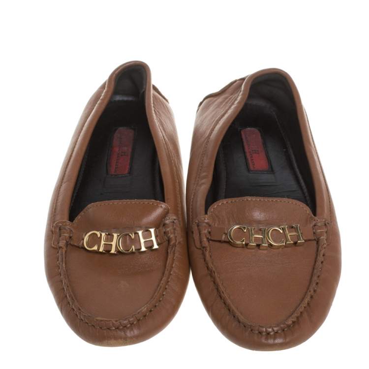 Pre Owned CH Carolina Herrera Brown Leather Logo Detail Flats Size 37