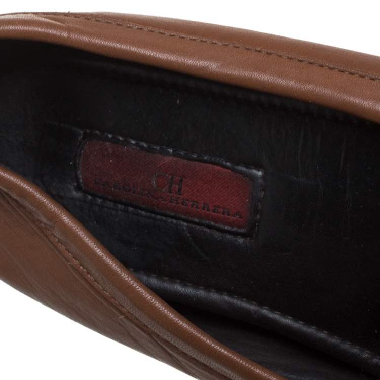 Pre Owned CH Carolina Herrera Brown Leather Logo Detail Flats Size 37