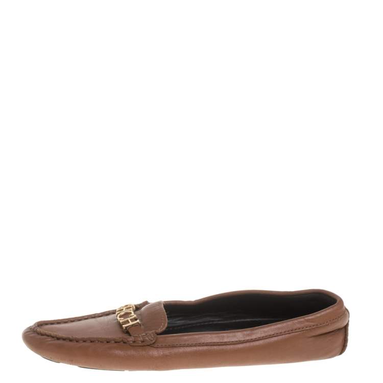 Pre Owned CH Carolina Herrera Brown Leather Logo Detail Flats Size 37
