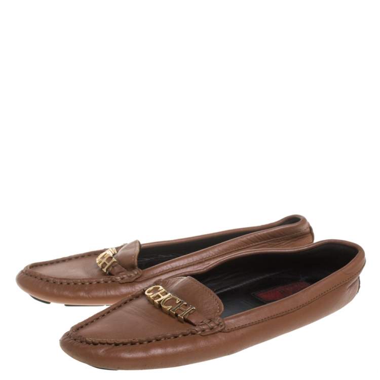 Pre Owned CH Carolina Herrera Brown Leather Logo Detail Flats Size 37