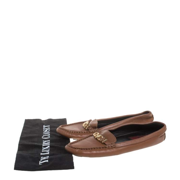 Pre Owned CH Carolina Herrera Brown Leather Logo Detail Flats Size 37