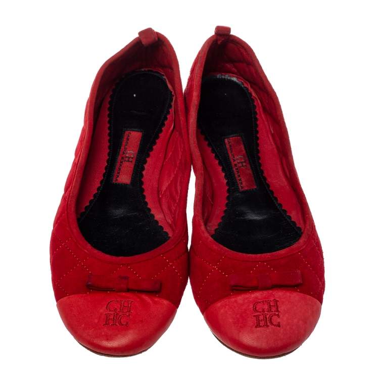 Pre Owned CH Carolina Herrera Red Suede And Leather Bow Ballet Flats Size 37