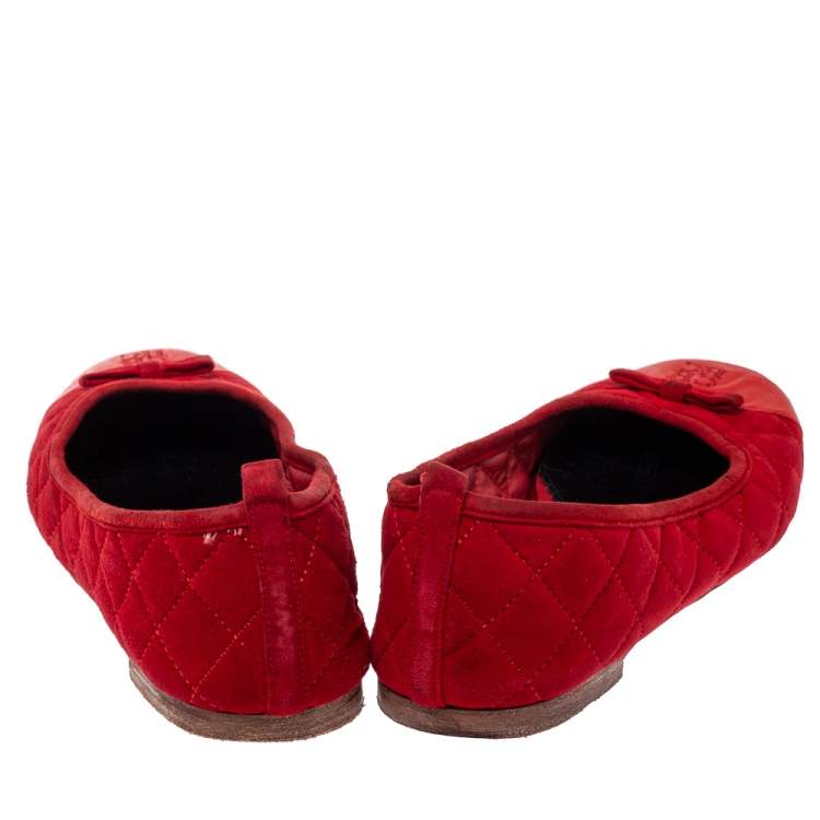 Pre Owned CH Carolina Herrera Red Suede And Leather Bow Ballet Flats Size 37
