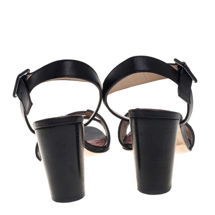 Pre Owned Carolina Herrera Black Leather Initials Cut Out Ankle Strap Sandals Size 38