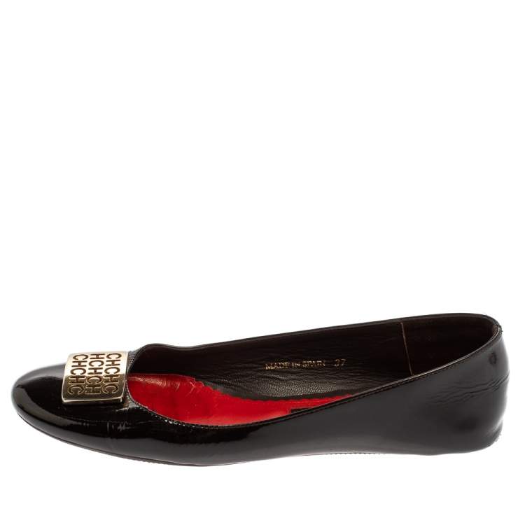Pre Owned Carolina Herrera Black Patent Leather Embellished Ballet Flats Size 37