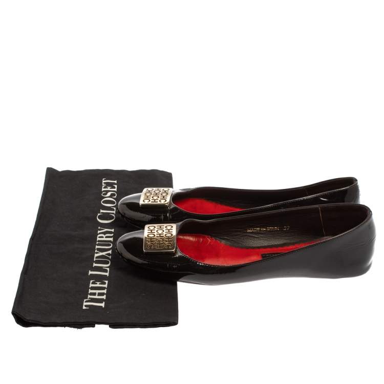 Pre Owned Carolina Herrera Black Patent Leather Embellished Ballet Flats Size 37