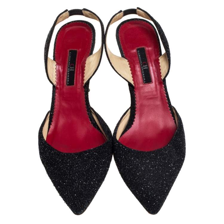 Pre Owned Carolina Herrera Black Glitter Slingback Sandals Size 39