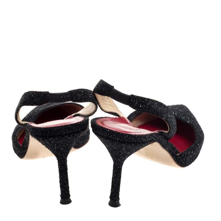 Pre Owned Carolina Herrera Black Glitter Slingback Sandals Size 39