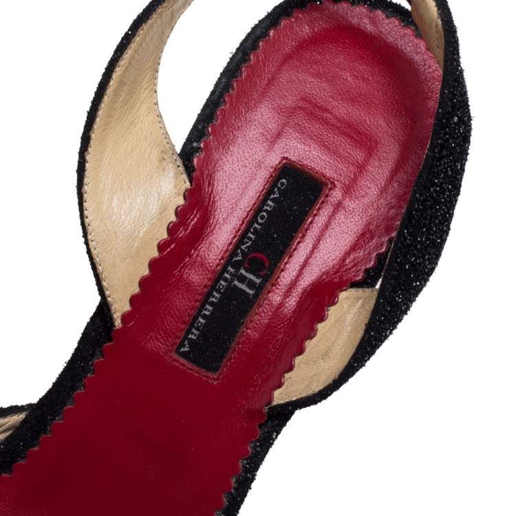 Pre Owned Carolina Herrera Black Glitter Slingback Sandals Size 39