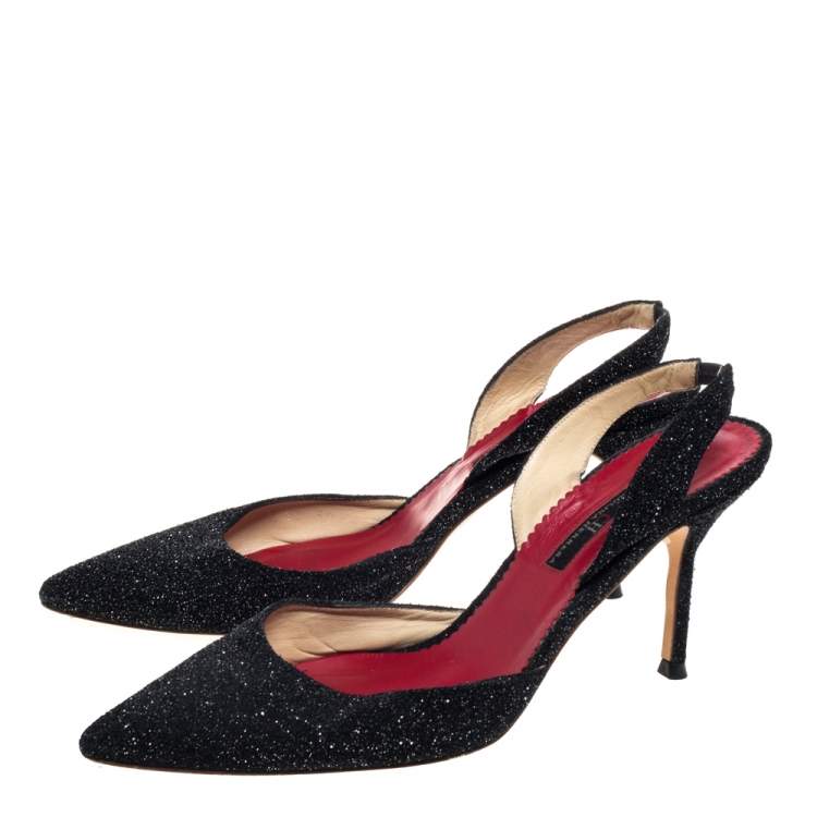 Pre Owned Carolina Herrera Black Glitter Slingback Sandals Size 39