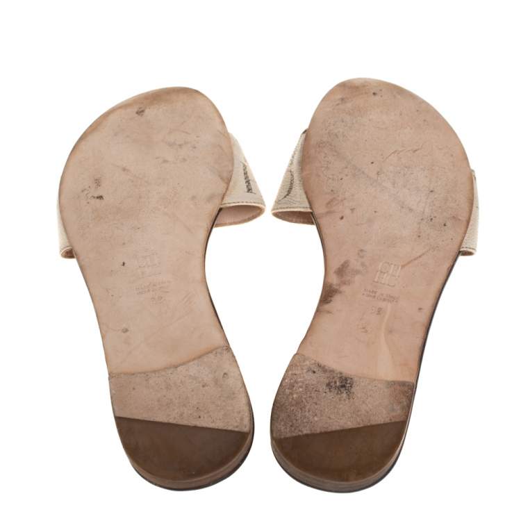 Pre Owned Carolina Herrera White/Brown CH Logo Coated Canvas Bow Detail Flat Slides Size 39