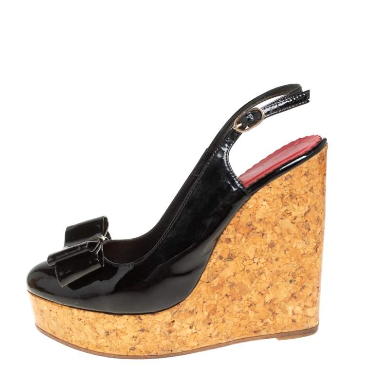 Pre Owned Carolina Herrera Black Patent Leather Cork Wedge Platform Slingback Sandals Size 37 