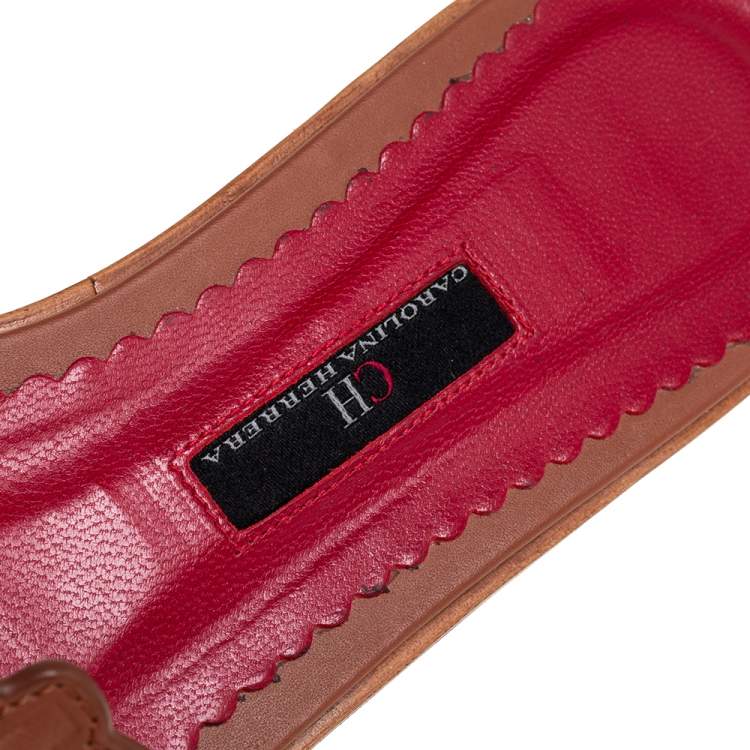 Pre Owned Carolina Herrera Brown Leather CH Insignia Cutout Slide Sandals Size 38