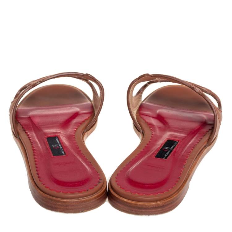 Pre Owned Carolina Herrera Brown Leather CH Insignia Cutout Slide Sandals Size 38