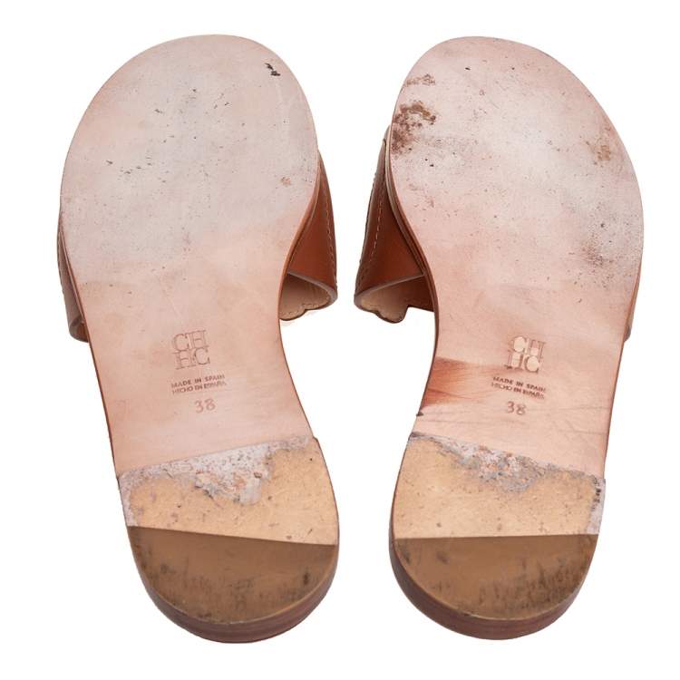 Pre Owned Carolina Herrera Brown Leather CH Insignia Cutout Slide Sandals Size 38