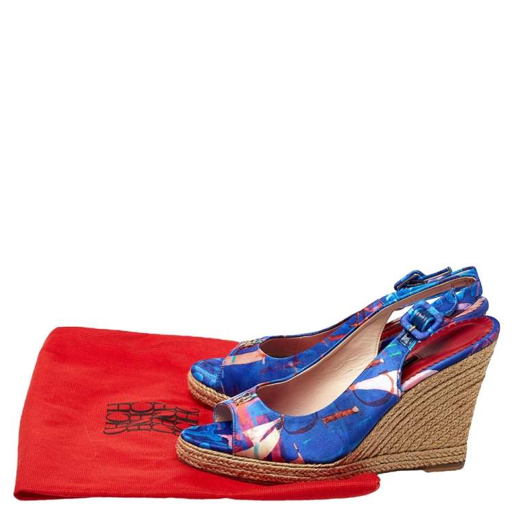 Pre Owned Carolina Herrera Blue Printed Satin Espadrille Wedge Sandals Size 37