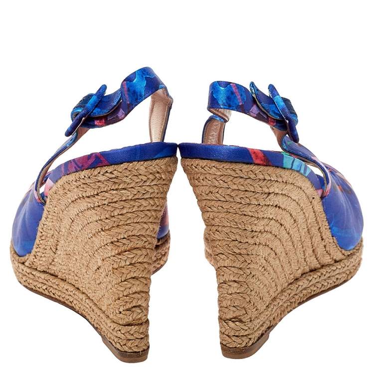 Pre Owned Carolina Herrera Blue Printed Satin Espadrille Wedge Sandals Size 37