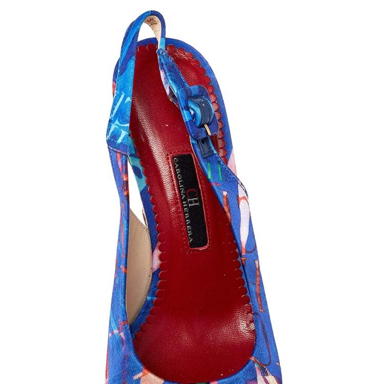 Pre Owned Carolina Herrera Blue Printed Satin Espadrille Wedge Sandals Size 37