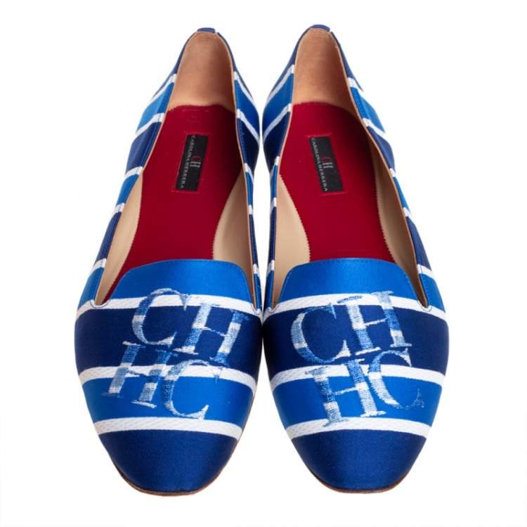Pre Owned Carolina Herrera Blue/White Stripe Fabric Smoking Slippers Size 40